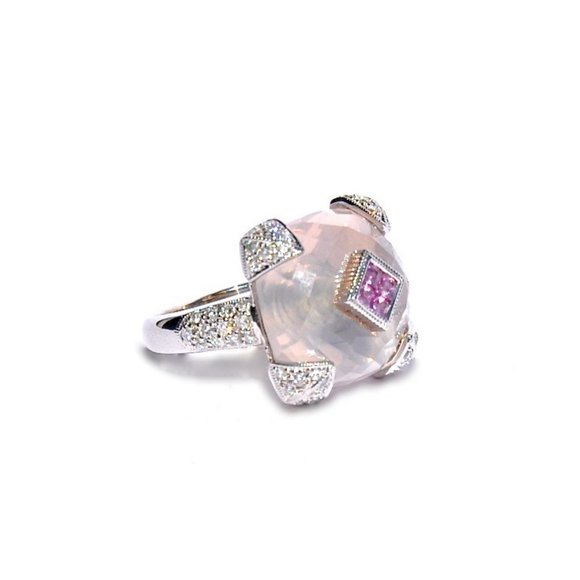 18k Diamond, Pink Sapphire & Rose Quartz Statement Ring - Picture 4 of 6